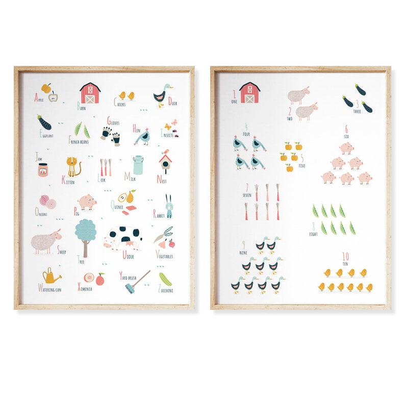 Puede incluir: Dos carteles educativos coloridos con tem&aacute;tica de granja. El primer cartel presenta el alfabeto con ilustraciones de animales de granja, verduras y otros objetos. El segundo cartel presenta los n&uacute;meros del 1 al 10 con ilustraciones de animales de granja y objetos.