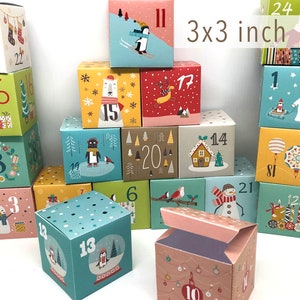 3 x 3 cale pudełka kalendarza adwentowego pliki pdf, pudełka kalendarza adwentowego do druku, pudełka prezentowe z odliczaniem do świąt Bożego Narodzenia dla dzieci, pudełka z dekoracją świąteczną DIY