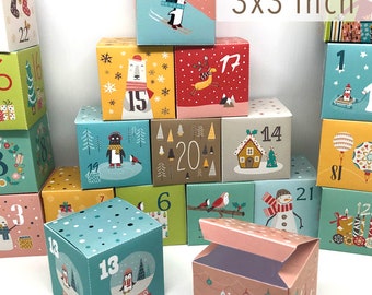 Cajas de calendario de adviento de 3x3 pulgadas archivos pdf, cajas de calendario de adviento imprimibles, cajas de regalo de cuenta regresiva de Navidad para niños, cajas de decoración navideña diy