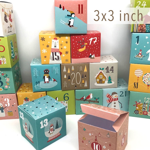 3x3 pouces boîtes de calendrier de l'avent fichiers pdf, boîtes de calendrier de l'avent imprimables, boîtes-cadeaux de compte à rebours de Noël pour les enfants, boîtes de décoration de vacances bricolage
