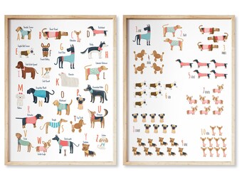 Printable dogs Alphabet and numbers set for a Dog lover, Dog alphabet poster, ABC and Numbers dog breed, A to Z dogs alphabet, dogs wall art