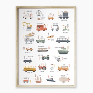 Poster transport alfabet afdrukbaar, afdrukbare voertuigen, poster transport alfabet, kinderkamer decoratie, kunst kinderkamer vervoer