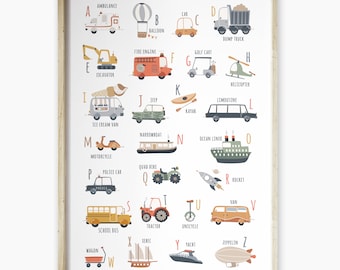 Póster del alfabeto de transporte, arte infantil con vehículos (descarga digital)