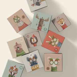 Druckbare Adventskalender-Boxen, Countdown-Geschenkboxen für Kinder, Weihnachten, Tiere, Weihnachtsdekorboxen für Kinder, 3x3 Zoll pro Box, wenn zusammengebaut