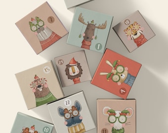 Cajas de calendario de adviento imprimibles, cajas de regalo de cuenta regresiva de Navidad de animales para niños, cajas de decoración de vacaciones de bricolaje, 3x3 pulgadas cada caja cuando se ensambla