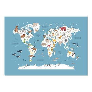 Kleurrijke landen van de wereldkaart Prin, kinderwereldkaart, Map Art Word, Nursery World Map, kinderkamer decor, Children's Map Animal