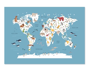 動物の世界地図プリント、教育的な子供部屋の装飾