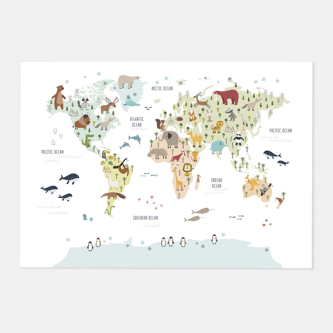 Colorful Animal World Map Printable, Educational Map, Animal World Map ...