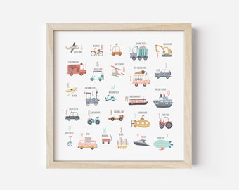 Square Transportation Alphabet print download, Vehicles Printable, Transport Alphabet Poster, Kids room decor, Transport nursery printable