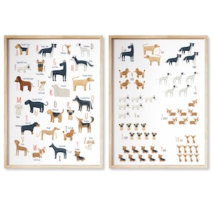 ABC and Numbers set dog breeds wall art, Dalmatian, Border Collie, dog Alphabet set for Dog lover, Dog alphabet poster, A to Z dog alphabet