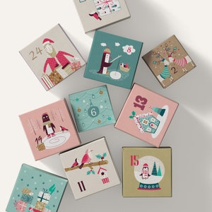 3 x 3 Zoll Adventskalender-Boxen, PDF-Dateien, druckbare Adventskalender-Boxen, Weihnachts-Countdown-Geschenkboxen für Kinder, DIY-Urlaubsdekorboxen