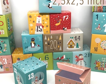 Printable advent calendar boxes, christmas countdown gift boxes for kids, diy holiday decor boxes, 2,5x2,5inches each box when assembled