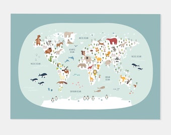 Animal world map poster, kids world map printable, illustrated map, World Map Nursery, Animal World Map Print, Educational Map