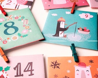 Kerstenveloppen Adventskalender, 24 mini-enveloppen, Christmas Countdown Adventskalender, kerstkinderen, Leuke Adventskalender afdrukbaar