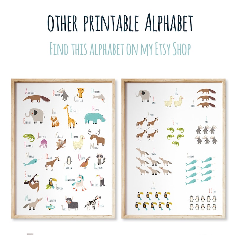 Pode incluir: Dois cartazes imprim&iacute;veis que apresentam um alfabeto e n&uacute;meros com ilustra&ccedil;&otilde;es de animais. O cartaz do alfabeto apresenta animais de A a Z, como um tamandu&aacute;, um texugo, uma girafa e uma zebra. O cartaz dos n&uacute;meros apresenta animais de 1 a 10, como um elefante, uma lhama e um pinguim.