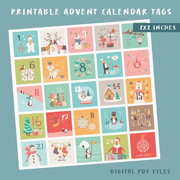 2x2 inch Printable Advent Calendar tag, Advent calendar gift tags, countdown calendar printable, advent calendar, kid advent calendar