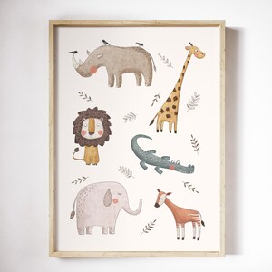 May include: A colorful illustration of various animals from the African savanna, including a giraffe, lion, rhinoceros, elephant, crocodile, and okapi. The animals are depicted in a whimsical style with bright colors and simple shapes.