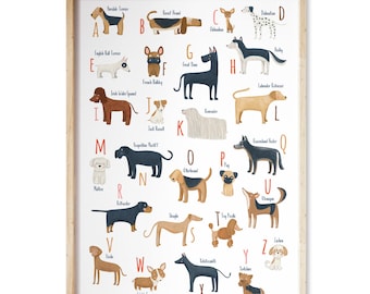 May include: A framed print featuring an illustrated alphabet of dog breeds, each paired with a letter. The artwork showcases various breeds, including a Dalmatian, Labrador Retriever, and French Bulldog, in a colorful and educational design.