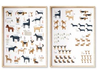 ABC and Numbers dogs breeds SET, dogs Alphabet for a Dog lover, Dog alphabet poster, A to Z dog alphabet, Dogs wall art alphabet and numbers