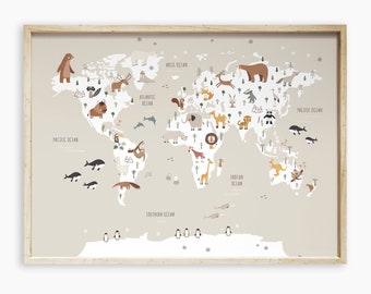 Large World Map with Animals print for kids room, Map Wall Art for children, Educational Poster, Nursery Playroom Printable, digital file