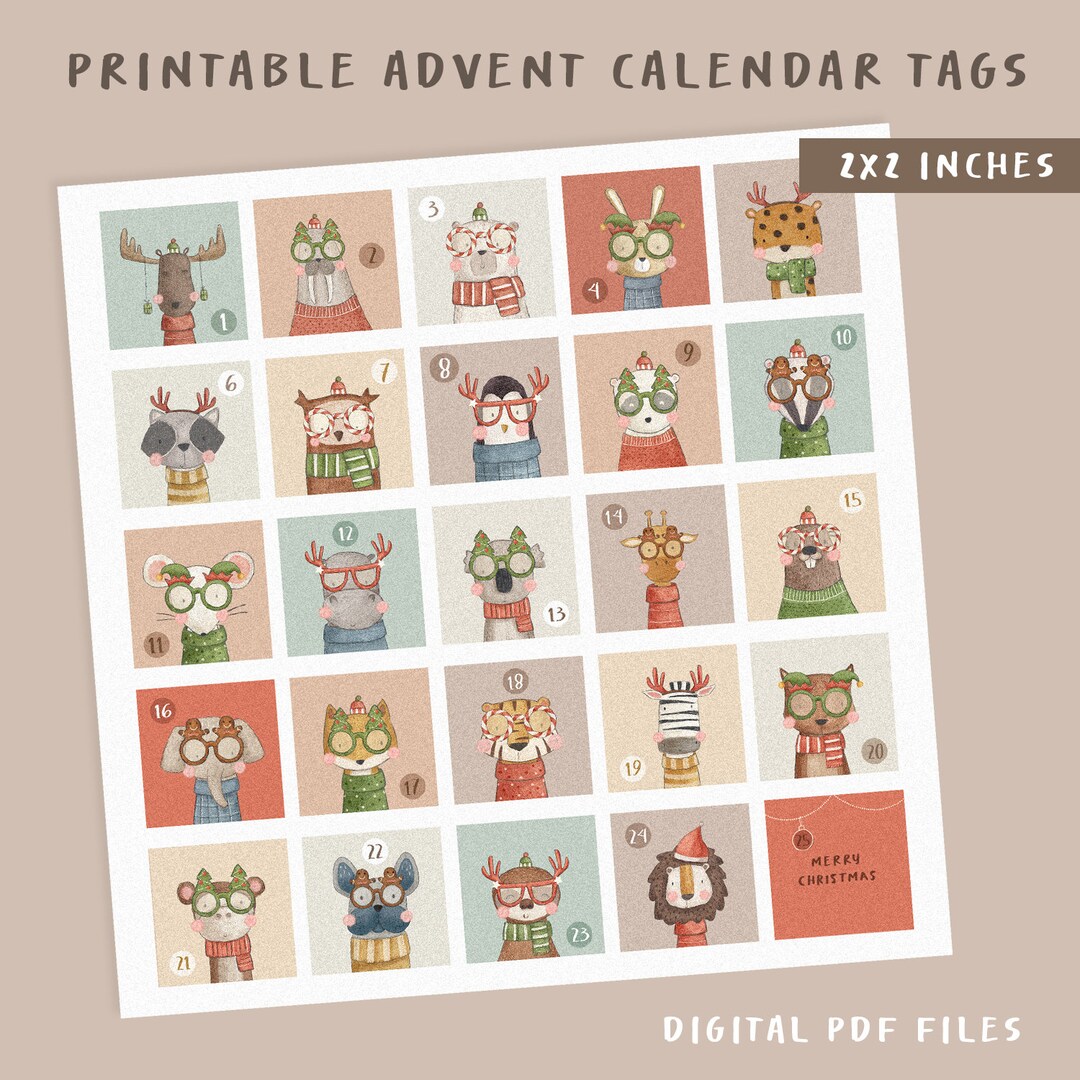2x2 Inch Printable Advent Calendar Tags, Animals Advent Calendar ...