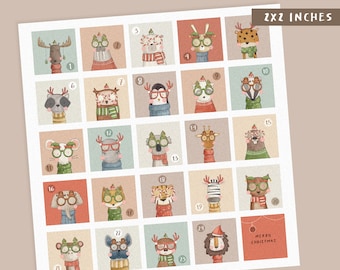 2x2 inch Printable Advent calendar tags, Animals Advent Calendar stickers, countdown calendar, advent calendar gift, kids advent calendar