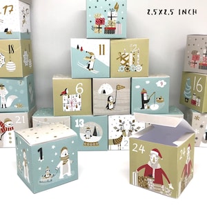 2,5x2,5 inch Cute advent printable boxes for kids, christmas advent calendar gift boxes, christmas countdown calendar in printable boxes.