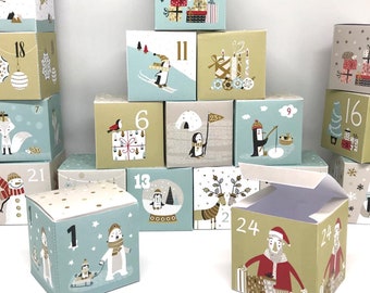 2,5x2,5 pouces Jolies boîtes imprimables de l'Avent pour les enfants, boîtes-cadeaux du calendrier de l'Avent de Noël, calendrier du compte à rebours de Noël dans des boîtes imprimables.