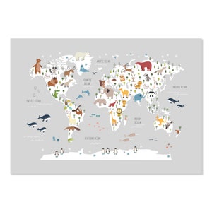 Grijze dierenwereldkaart voor kinderen, Wildlife World Map Print, kaart kunst aan de muur, kaart kunstwereld, kinderkamer decor, wereldkaart poster, kaart kunst aan de muur