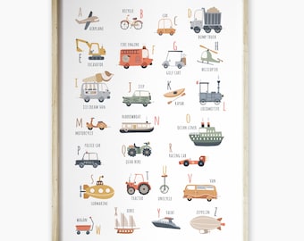 Transport alphabet wall art print , Vehicles A-Z wall art, transportation alphabet poster, alphabet nursery print, educational poster