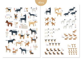 May include: A colorful alphabet chart featuring different dog breeds, with each letter of the alphabet paired with a dog breed name. The chart also includes numbers 1 through 10, each with a corresponding number of dogs.