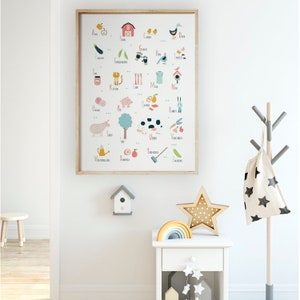 Puede incluir: Un gr&aacute;fico de alfabeto colorido con ilustraciones de animales de granja, frutas y verduras. El gr&aacute;fico presenta las letras A a Z con im&aacute;genes y palabras correspondientes. El gr&aacute;fico est&aacute; enmarcado en un marco de madera claro.