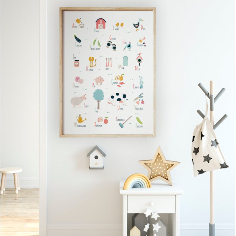 Puede incluir: Un gr&aacute;fico de alfabeto colorido con ilustraciones de animales de granja, frutas y verduras. El gr&aacute;fico presenta las letras A a Z con im&aacute;genes y palabras correspondientes. El gr&aacute;fico est&aacute; enmarcado en un marco de madera claro.