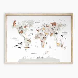 Mappa del mondo per bambini stampabile, mappa di genere neutro con animali, arte murale educativa per la cameretta dei bambini, poster per la cameretta dei più piccoli