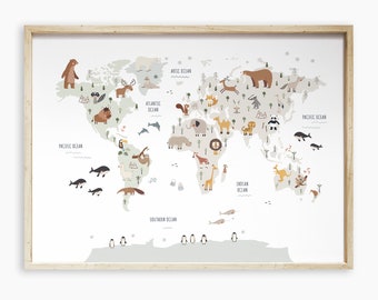 Kids world map printable Gender Neutral map with animals, nursery educational wall art, Toddler Room poster