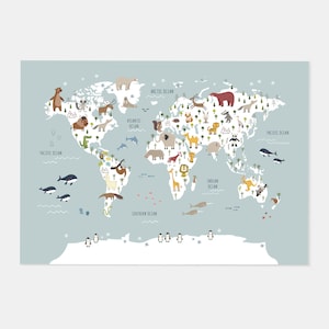 Druckbare Karte der Tiere, Weltkarte Poster, Kinderkarte zum Ausdrucken, Weltkarte für Kinder, Wandkarte, Kinderwandkunst, bunte Karte der Tiere, Weltkarte