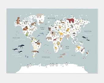 Animal World Map Print - Map Wall Art - Educational Print - Baby Decor ...