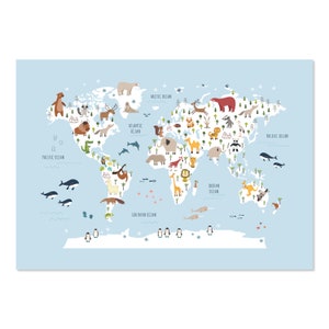 Animal World Map poster, kinderen kaart print, wereldkaart kunst aan de muur, wereldkaart voor kinderen, muurkaart, kunst aan de muur kinderen, dierenwereldkaart voor kinderen