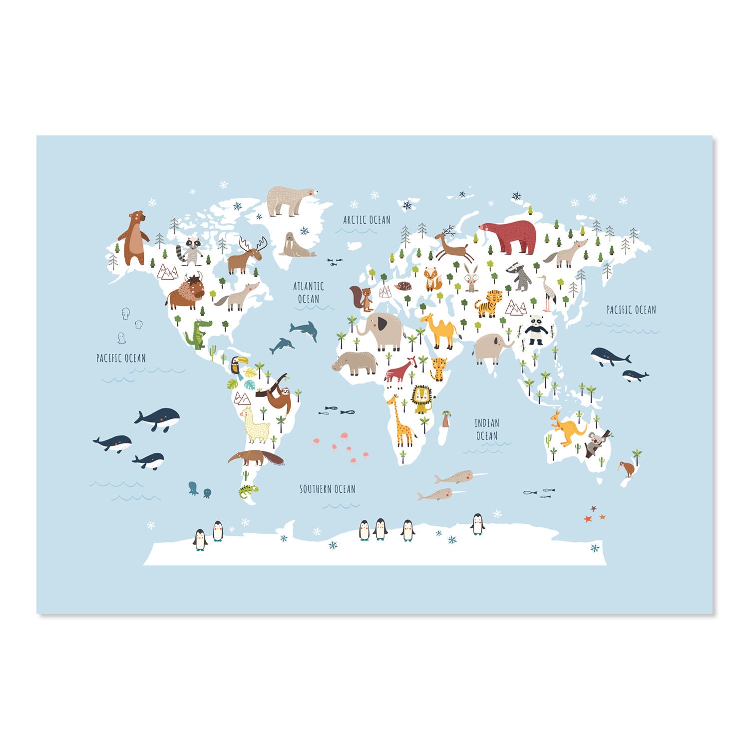 Animal World Map Poster, Kids Educational Wall Art - Etsy