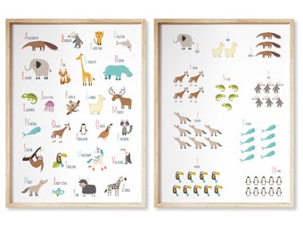 Alfabeto y números de animales para guardería, impresión educativa (descarga digital)