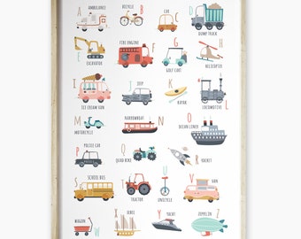 Vehicles Alphabet Poster Printable,  transport Print, Transportation Alphabet Poster, Kid room decoration, Transport nursery art, ambulance