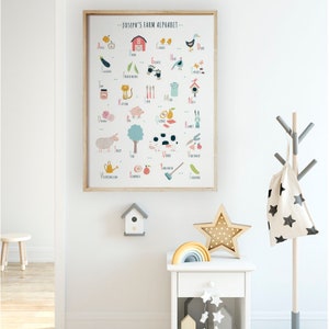 K&ouml;nnte beinhalten: Ein farbenfroher Alphabet-Chart mit Farmtieren und -gegenst&auml;nden, mit dem Titel "Joseph's Farm Alphabet". Der Chart enth&auml;lt Illustrationen von einer Kuh, einem Schwein, einem Schaf, einer Ente, einer Henne und mehr.