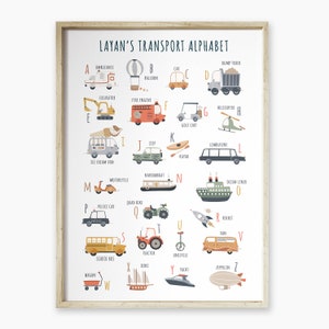 Gepersonaliseerde poster vervoer alfabet, kunst aan de muur vervoer, alfabet voertuigen print voor kinderkamer, aangepaste naam alfabet transport