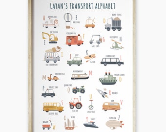 Personalized Transportation Alphabet Poster, Kids Room Decor
