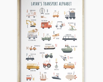 Personalized Poster Transportation Alphabet, Transport wall art, Alphabet vehicles print for kids room, custom name alphabet transportation