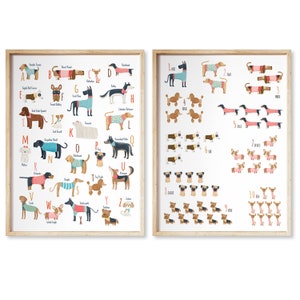 Dogs Alphabet and numbers set for Dog lovers, Dog alphabet poster, ABC and Numbers dog breed, A to Z dogs alphabet, Dog breeds wall art