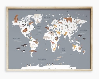 Blue World Map with Animals print for kids room, Map Wall Art for children, Educational Poster, Nursery Playroom Printable, digital file