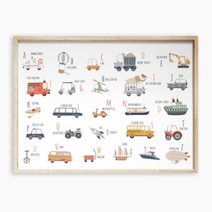 Horizontal Transportation Alphabet Poster Printable, Vehicles Printable, Transport Alphabet Poster, Kid room decor, Transport nursery art image 1