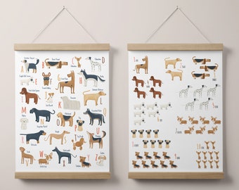 May include: Two educational posters featuring illustrations of different dog breeds. The first poster shows the alphabet with a dog breed for each letter. The second poster shows the numbers 1 through 10 with a dog breed for each number.