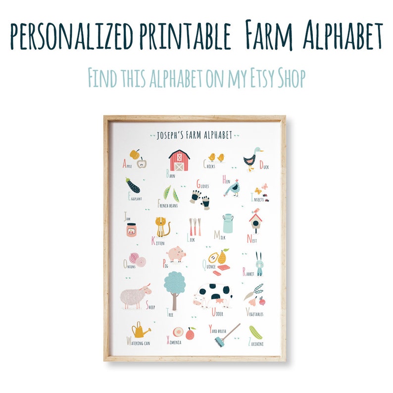 Puede incluir: Un p&oacute;ster de alfabeto de granja imprimible con ilustraciones coloridas de animales de granja, frutas, verduras y otros art&iacute;culos relacionados con la granja. El p&oacute;ster est&aacute; personalizado con el nombre "Joseph's Farm Alphabet".